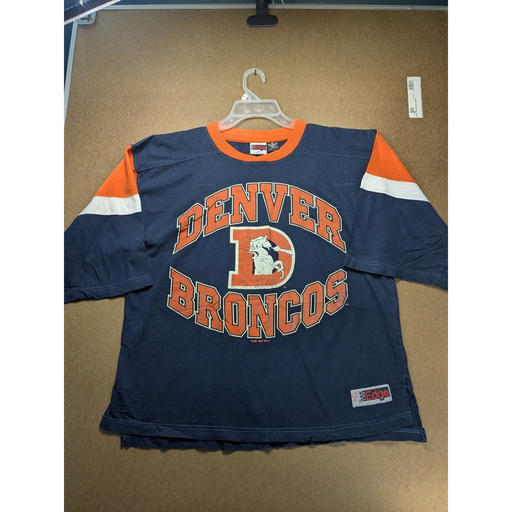Vintage 1997 Denver Broncos NFL The Edge Navy Blue Orange Jersey T-Shirt Mens M